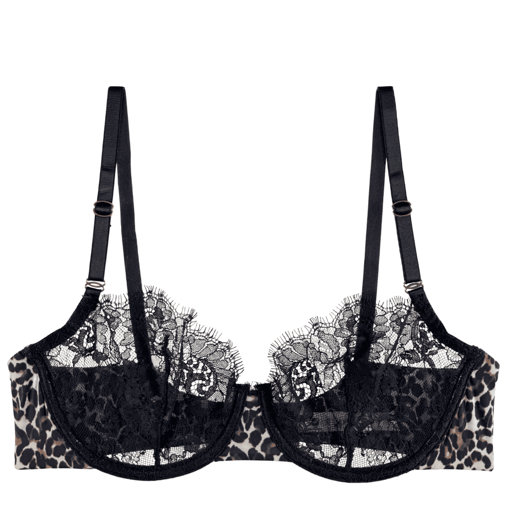 Skarlett blue entice balconette bra in black leopard print, front view on white background, close-up.