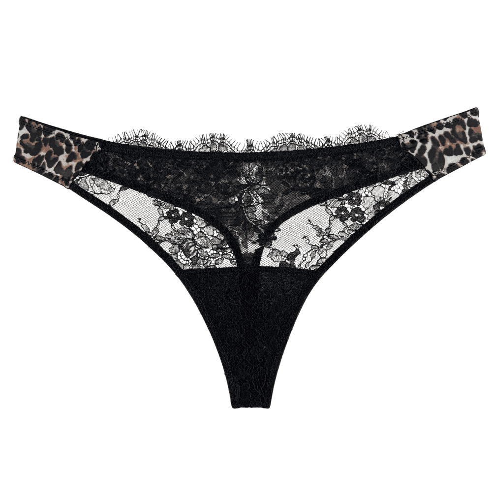 Skarlett blue entice thong in black leopard print, front view on white background, close-up.