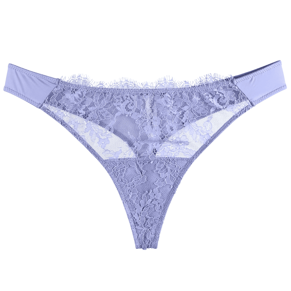 Skarlett blue entice thong in lavender dusk, front view on white background, close-up.