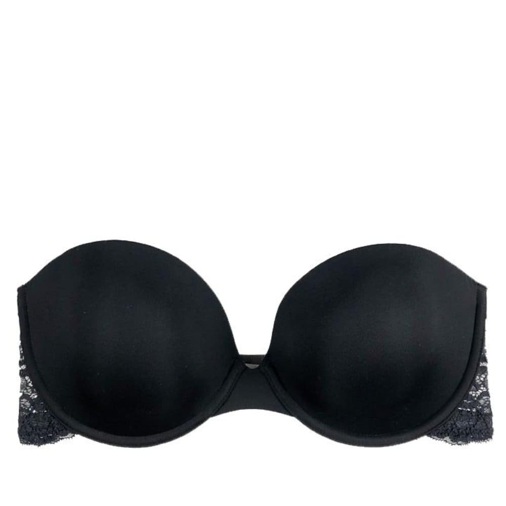 Skarlett blue goddess multiway strapless bra in black, front view on white background, close-up.