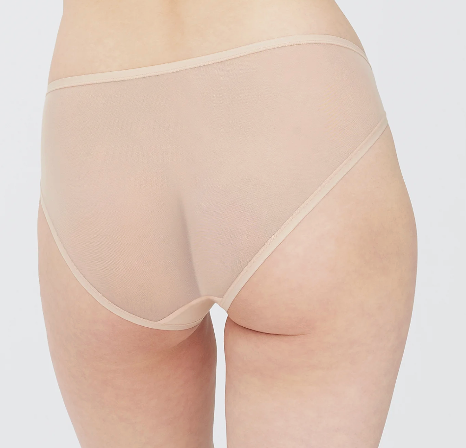Rear view of a person wearing sheer nude mesh underwear against a light gray studio background.