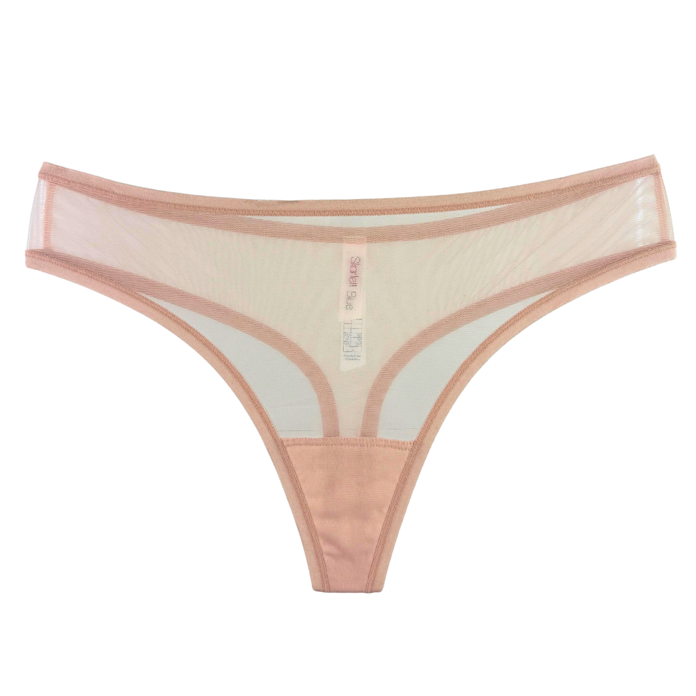 A pair of sheer mesh thong panties in a light peach-pink color, shown flat against a solid white background.
