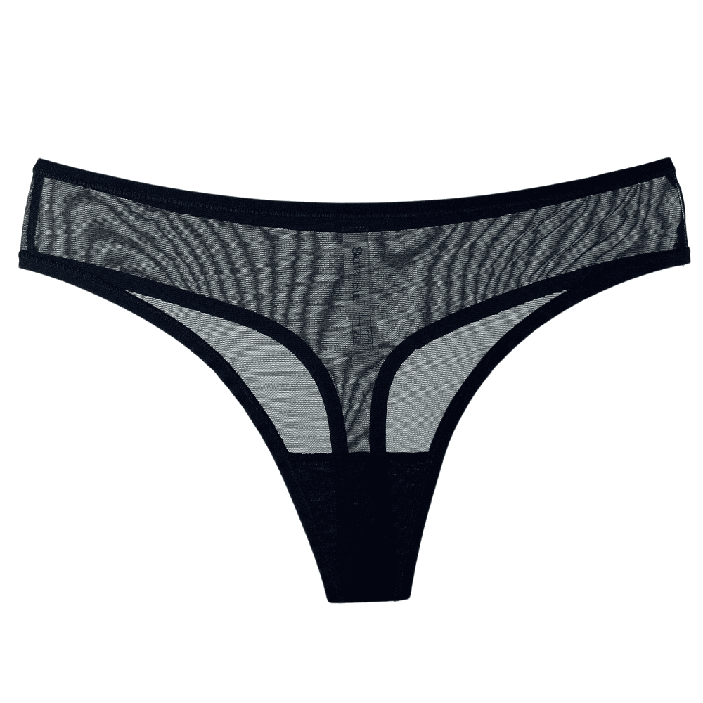 Skarlett blue spellbound nylon thong in black, front view on white background, close-up.