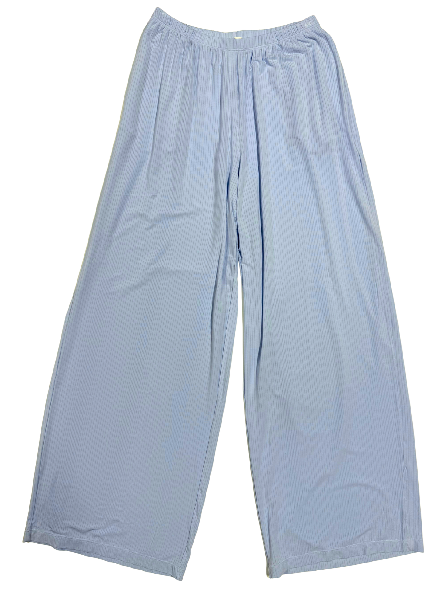 blue ribbed wide leg pants laying flat against a white background.
