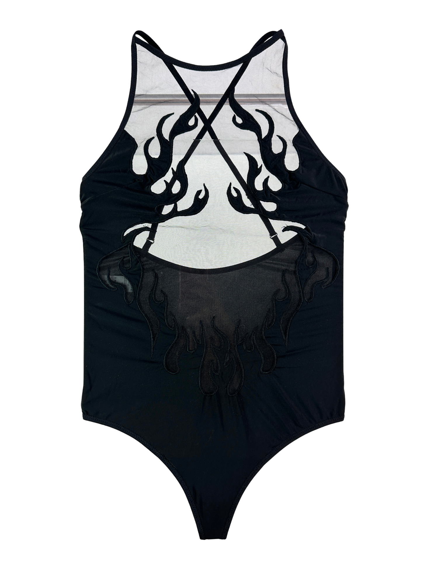 A black one-piece bodysuit featuring a sheer white mesh y2k-style back panel with crisscross straps, a black flame graphic printed on the upper back, and a sheer black mesh overlay at the waist.