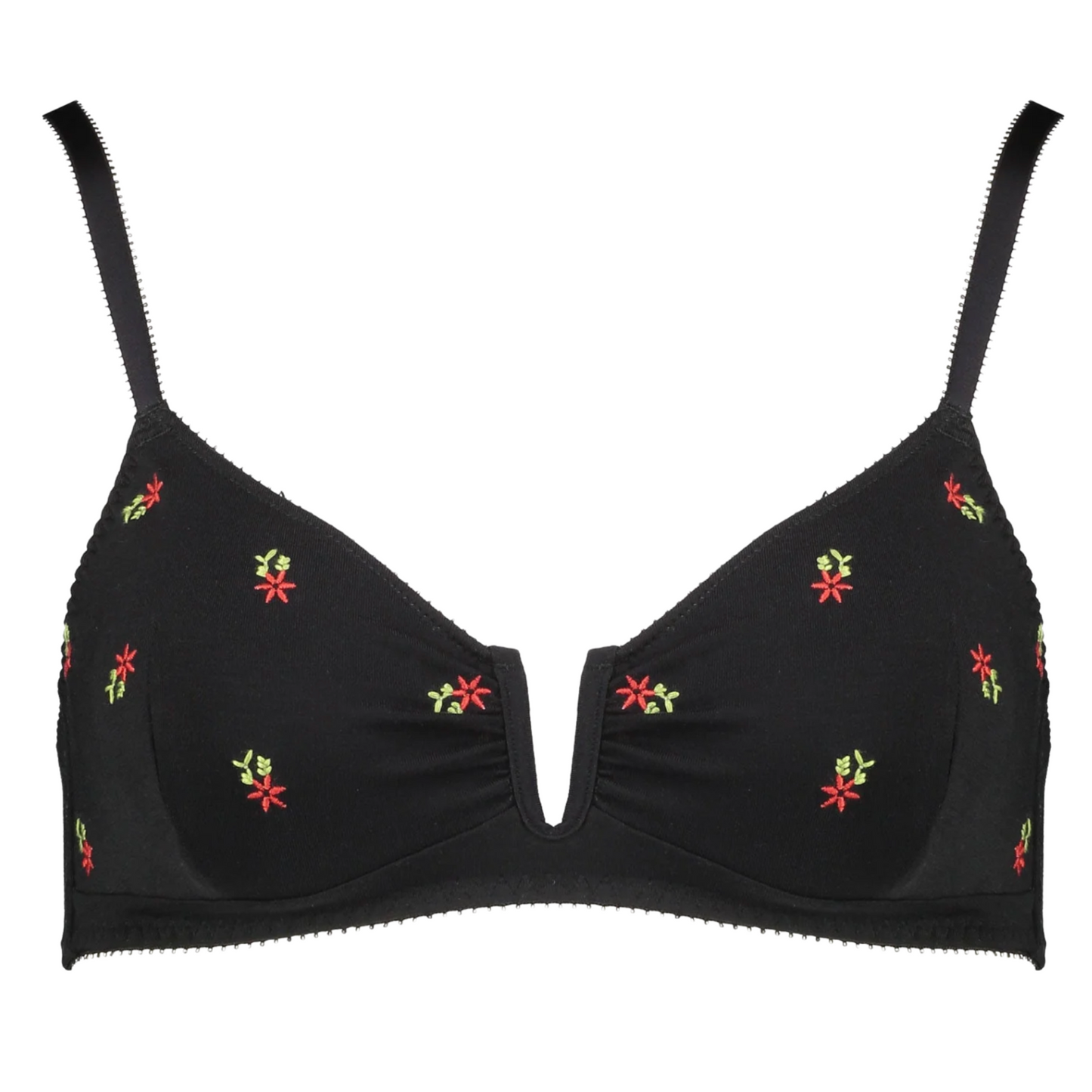 Black bra with floral embroidery on a white background