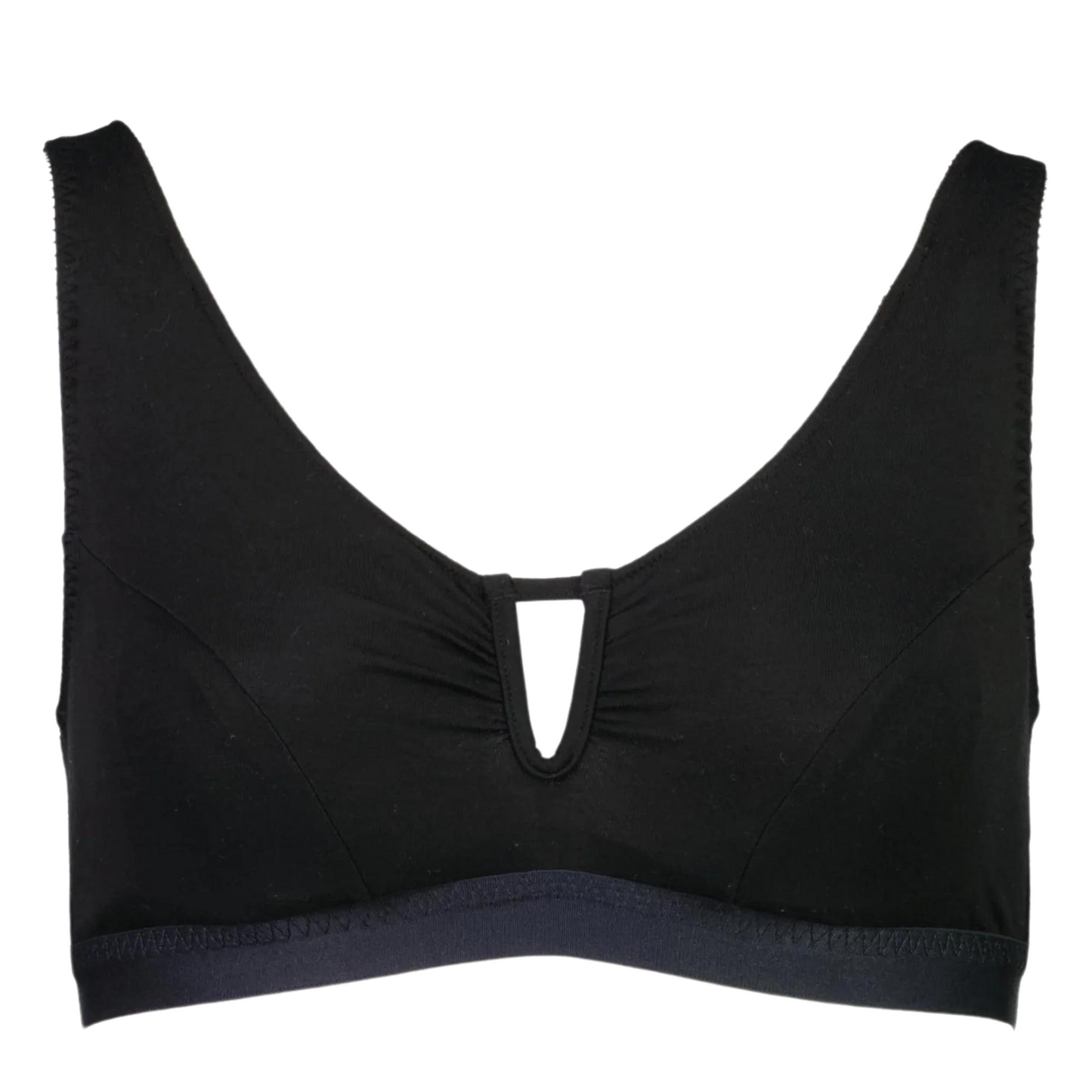 A black soft-cup bra with a V-shaped front and a three-hook back closure, designed for a fuller bust.