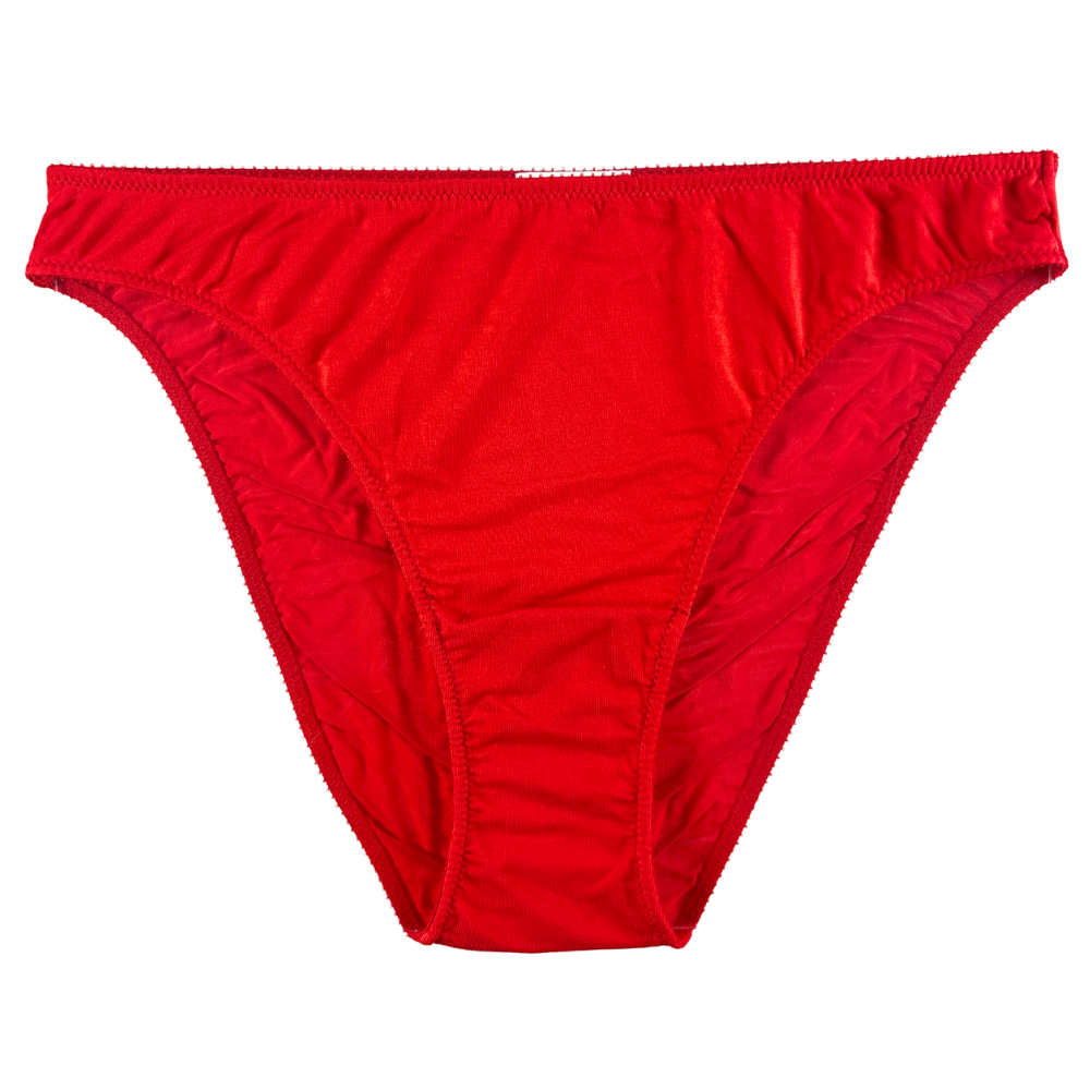 Red low-rise bikini bottom with a gathered, ruched front and ribbed waistband, shown flat against a white background.