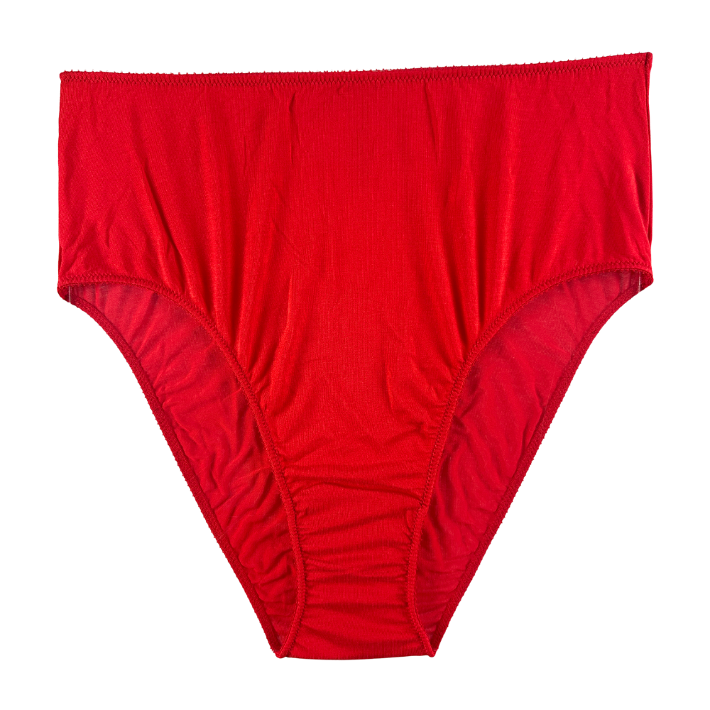 A pair of bright red high-waisted briefs with a gathered elastic waistband, photographed flat against a solid white background.