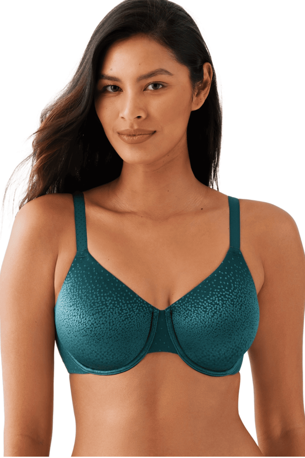 Wacoal Back Appeal full cup bra in ponderosa pine, front close-up on a model against a white background.