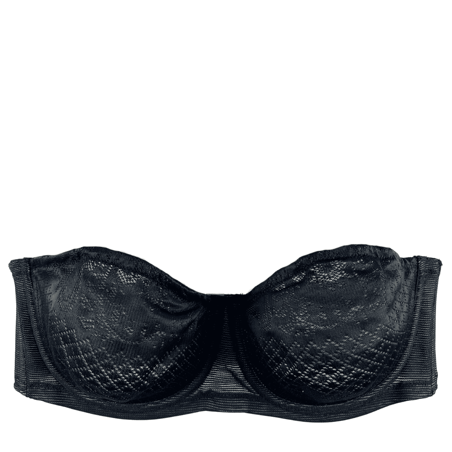 Wacoal visual effects minimizer strapless bra in black, front close-up on a white background.