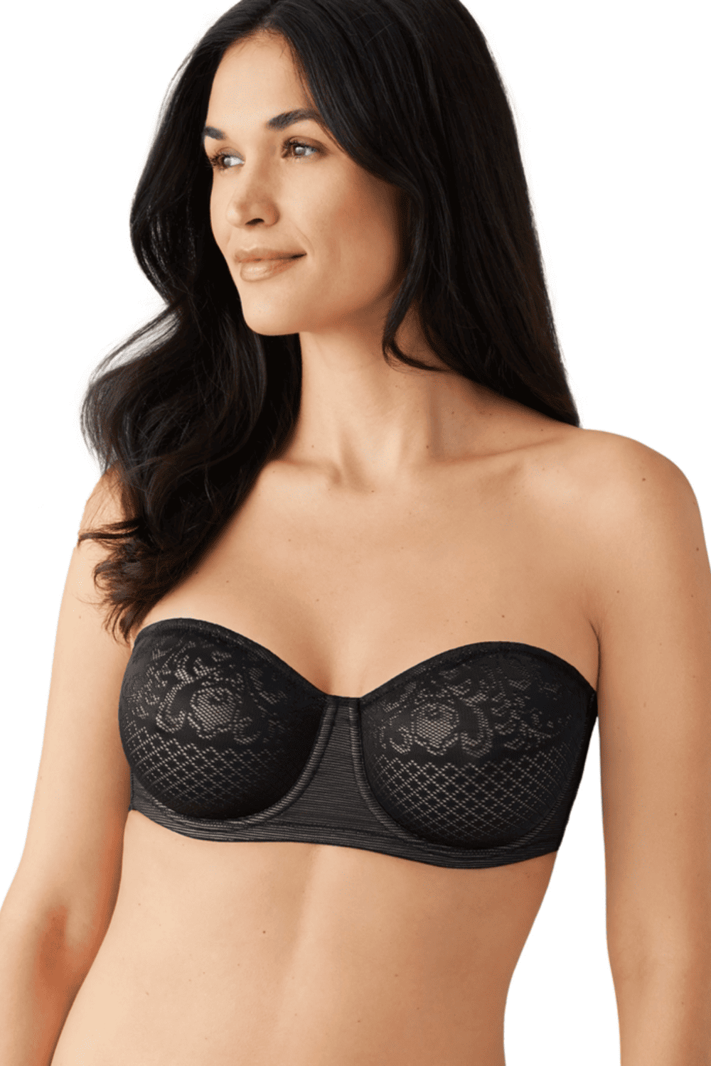 Wacoal visual effects minimizer strapless bra in black, front close-up on a model.