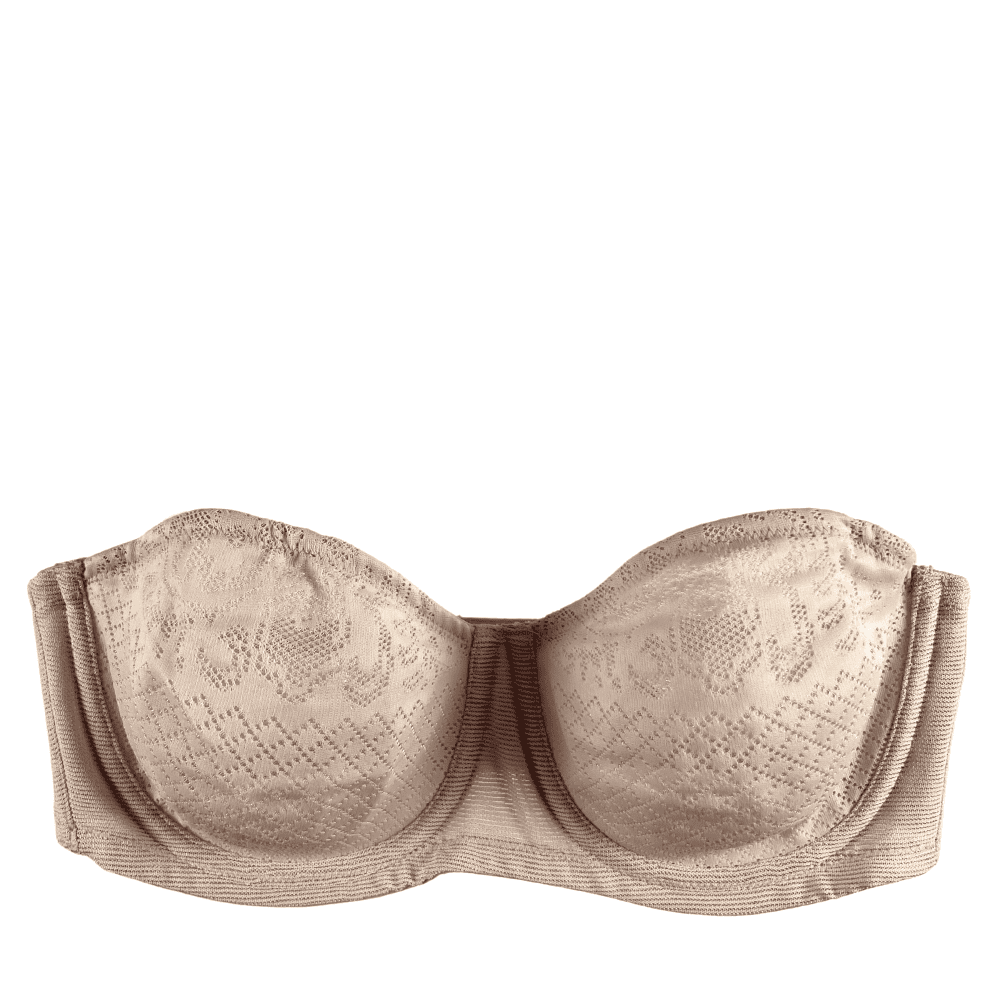 Wacoal visual effects minimizer strapless bra in sand, front close-up on a white background.
