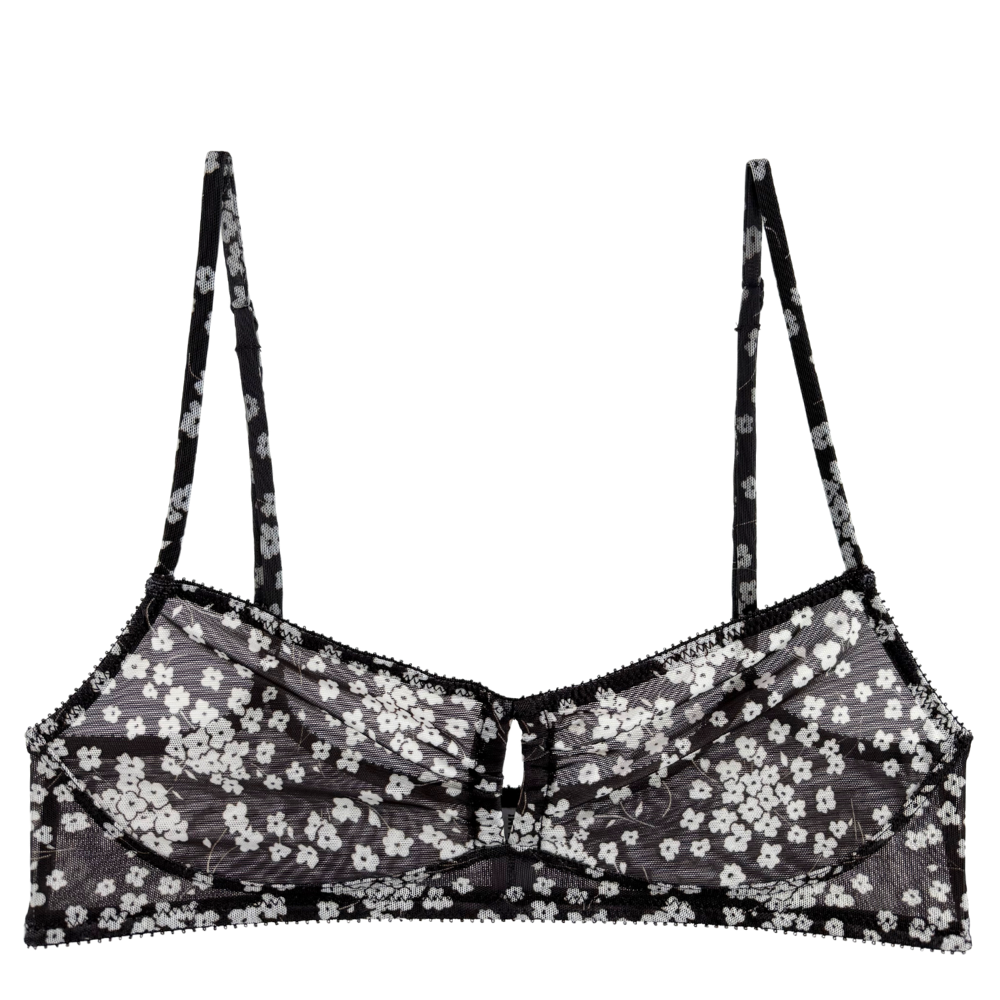 Black lace bra with floral patterns on a white background