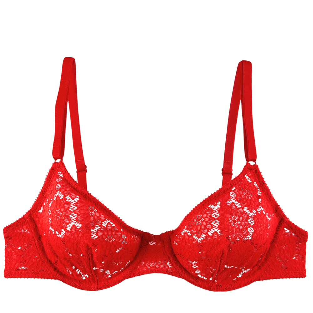Red lace underwire bra with adjustable shoulder straps, shown flat against a solid white background.