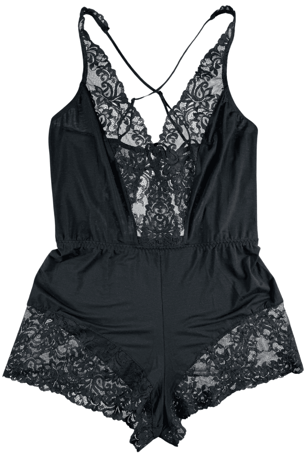 Cosabella carmela sleep romper in black, white background, close-up.
