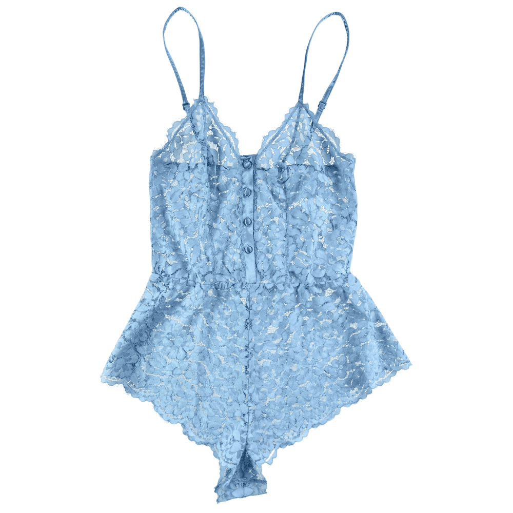 Cosabella magnolia romper in aasmani blue, white background, close-up.