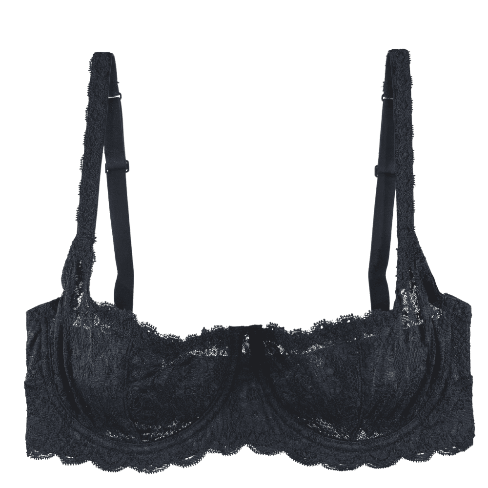 A black Cosabella Never Say Never Balconette Bra with underwire cups, lace fabric, and a straight across neckline.