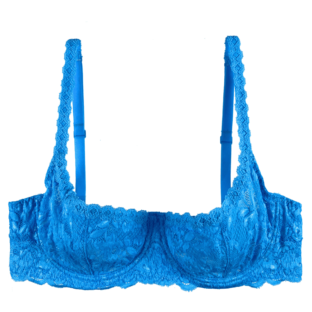 Blue lace Cosabella Never Say Never Balconette Bra against a white background