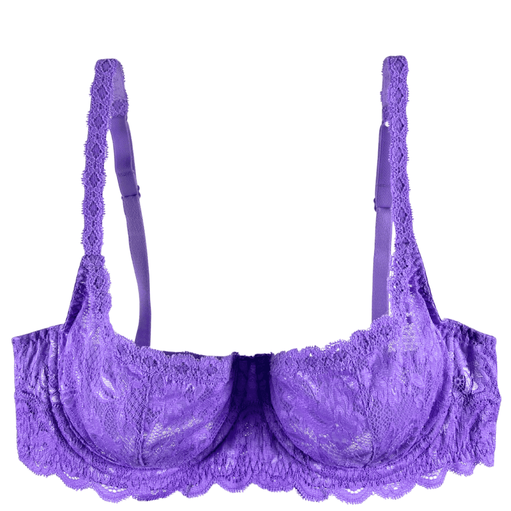 Purple lace bra on a white background