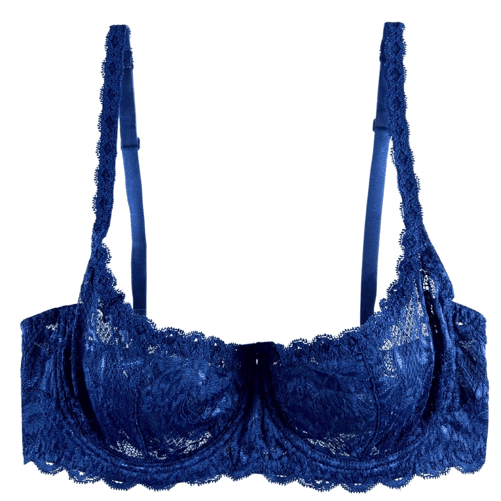 Blue lace bra on a white background