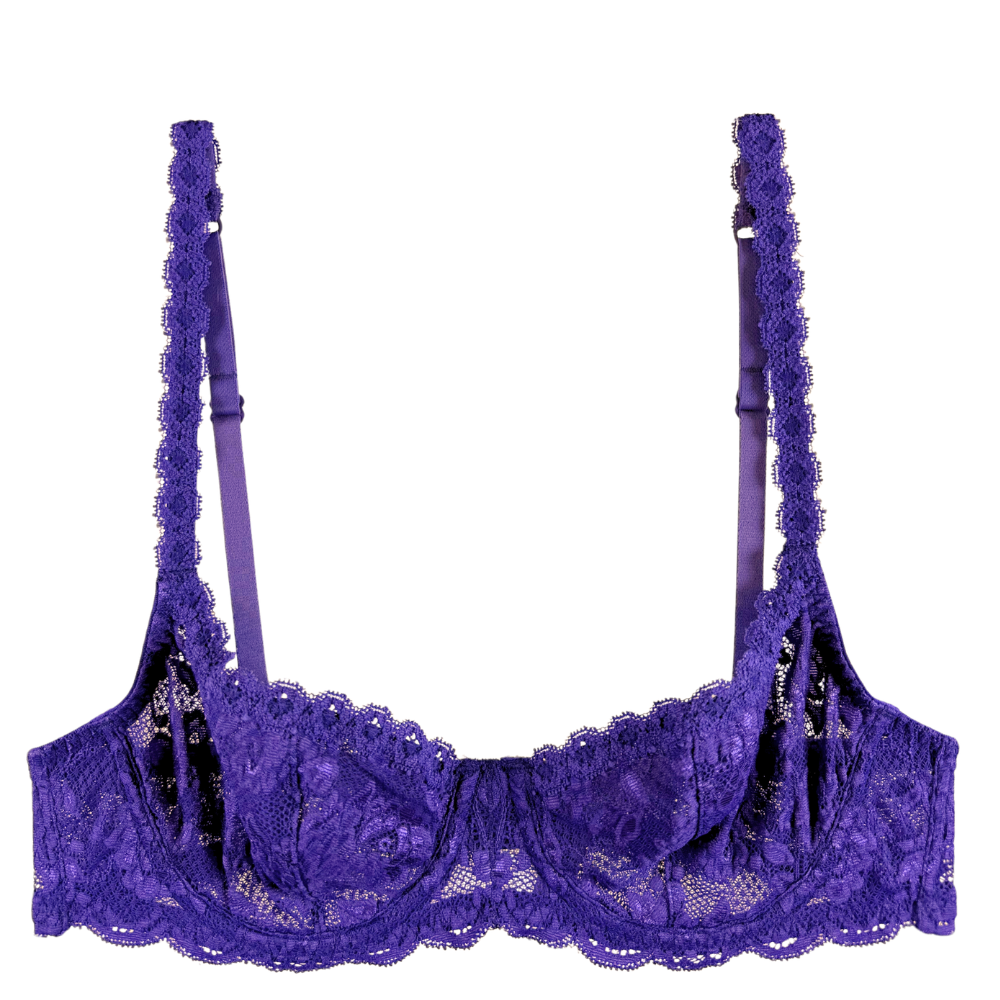purple lace bra against a white background.