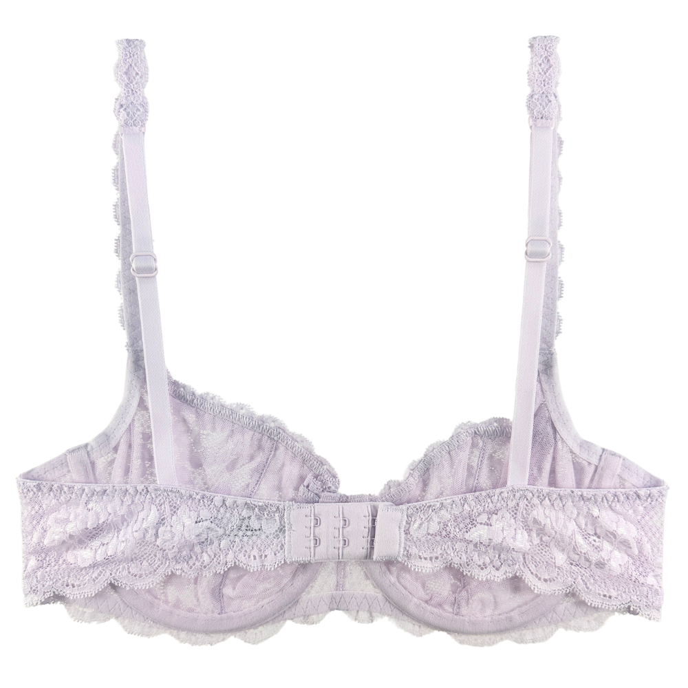 A light lavender lace bra with adjustable shoulder straps, a center gore, and a matching lace underband, shown against a plain white background.