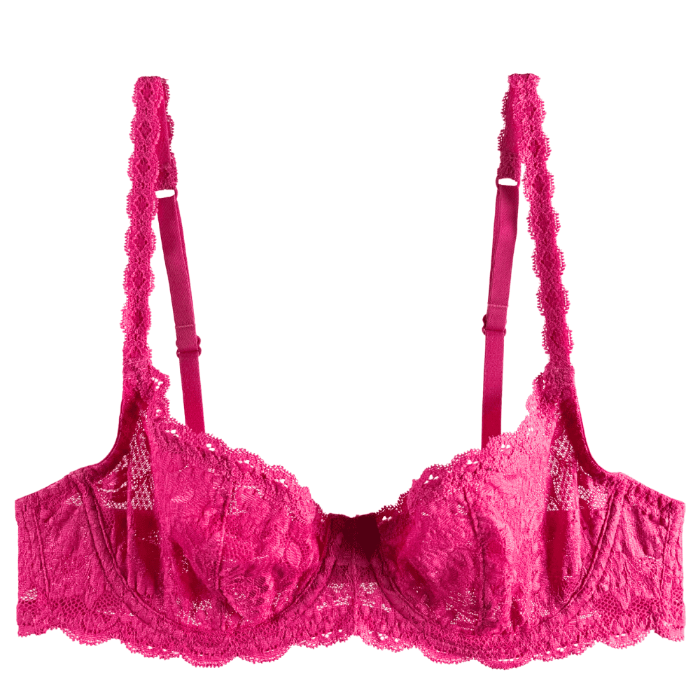 Pink lace bra on a white background