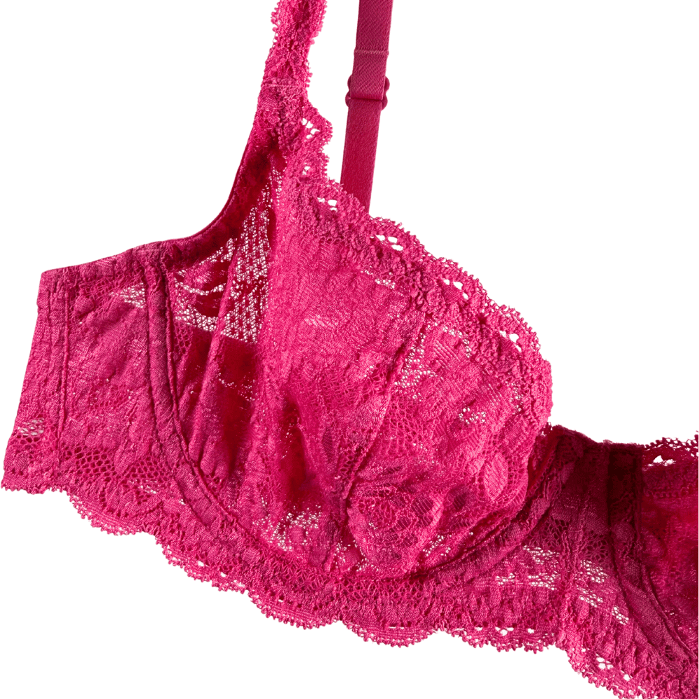 Pink lace bra on a white background