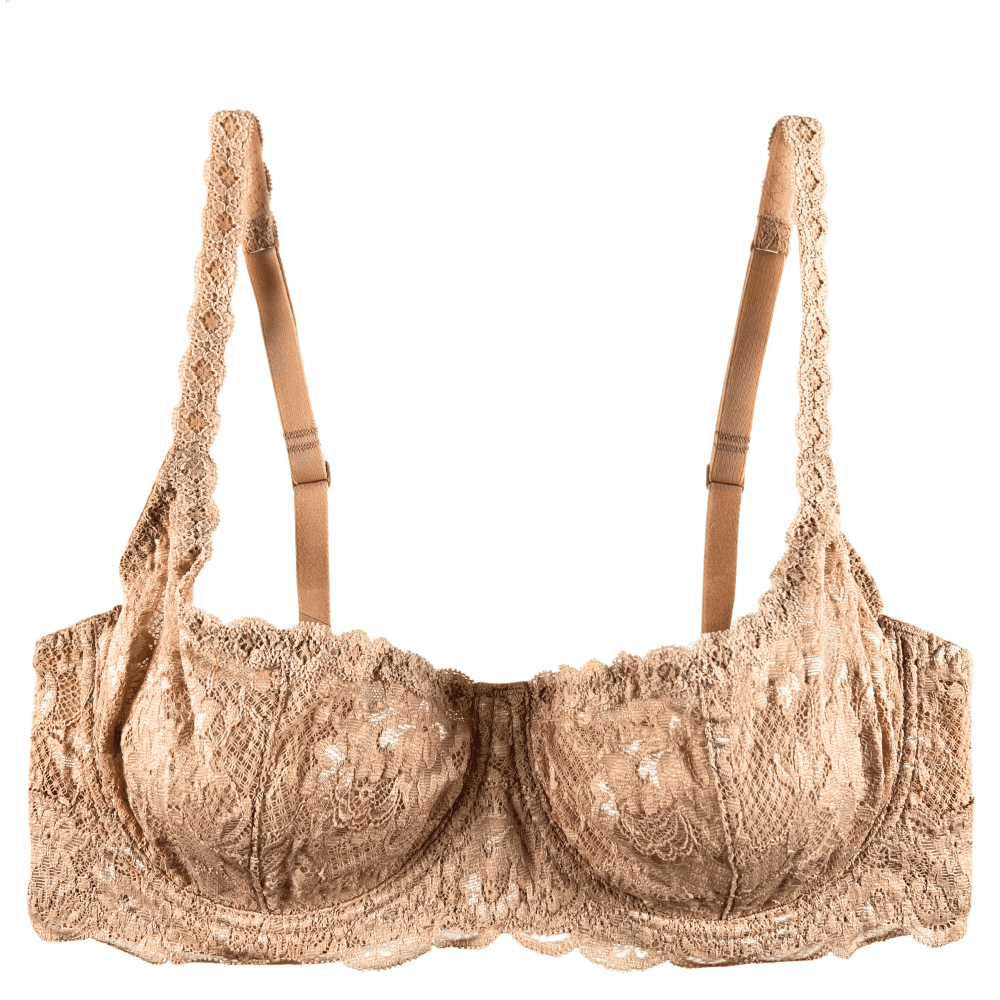 A black Cosabella Never Say Never Balconette Bra with underwire cups, lace fabric, and a straight across neckline.