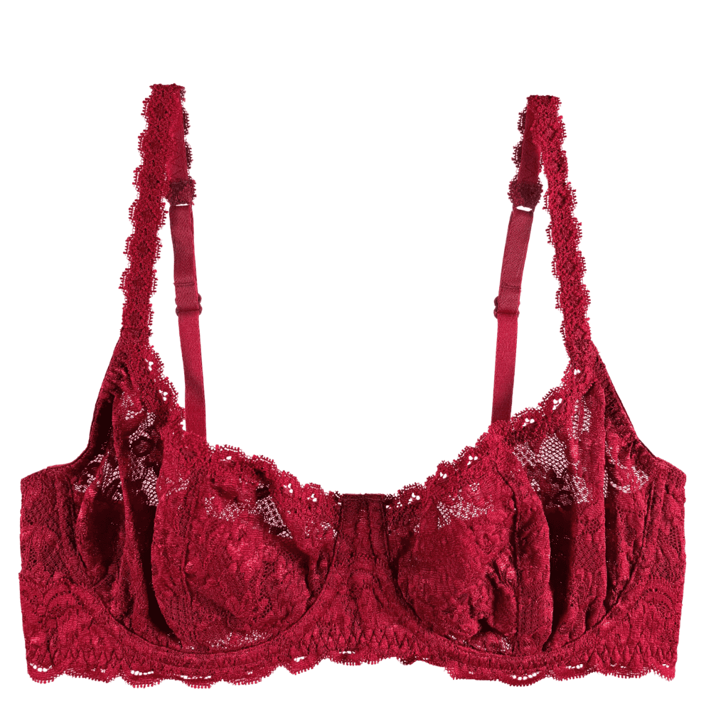 Red lace bra on a white background