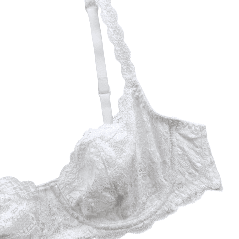 White lace bra and panties set on a white background