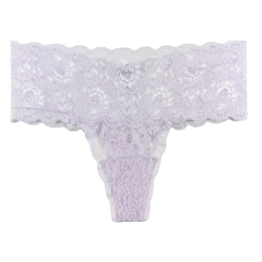 A pair of women's lace thong panties in a very pale lavender purple, featuring intricate floral lace patterns and scalloped edges on a solid white background.