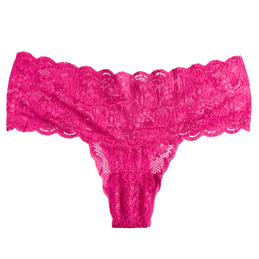 Pink lace thong on a white background