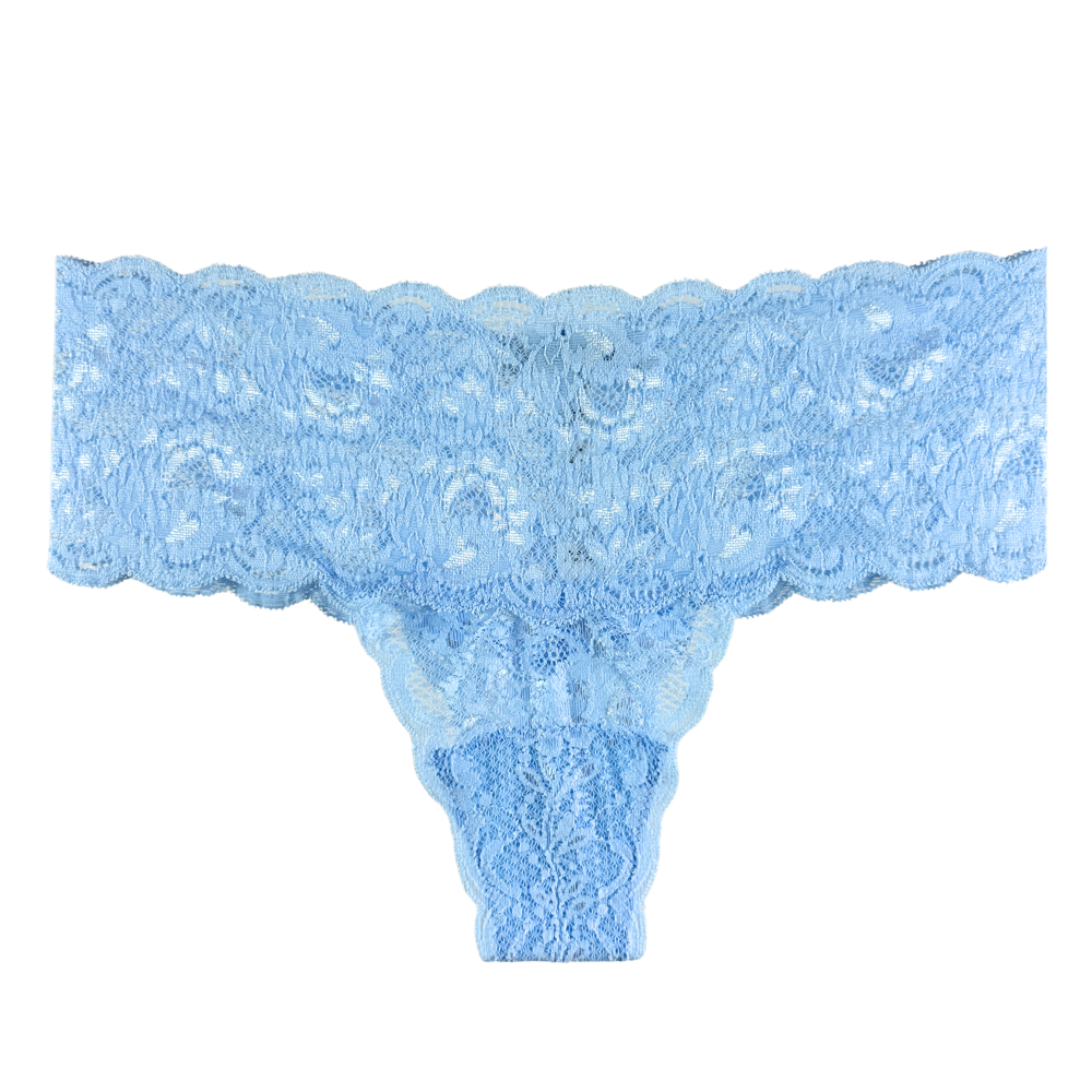 Light blue lace thong underwear with a wide scalloped floral lace waistband and matching lace leg strap, shown flat on a white background.