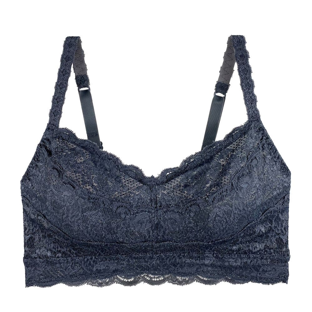 Grey lace bra against white background