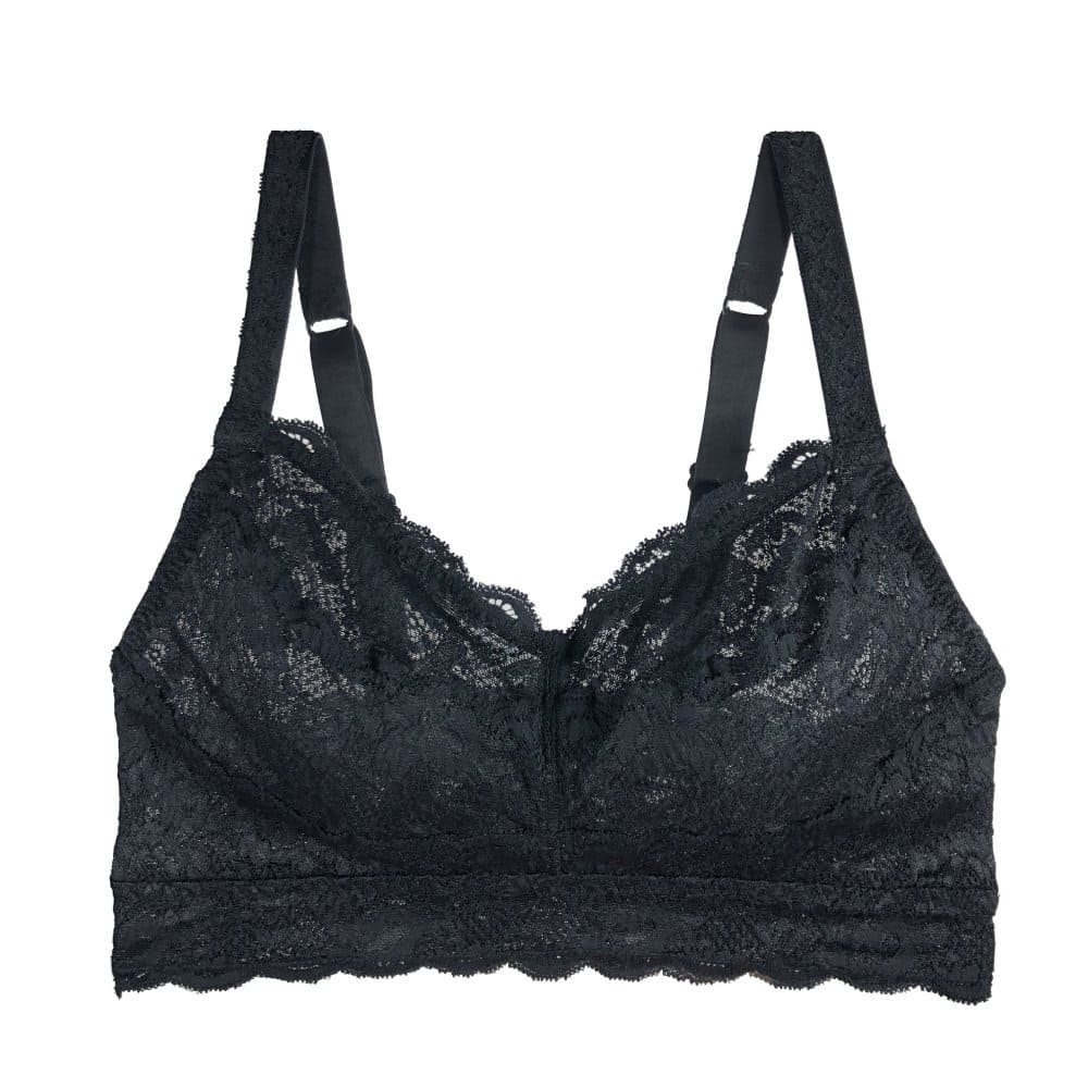 A black lace bralette with adjustable straps and a V-neckline.