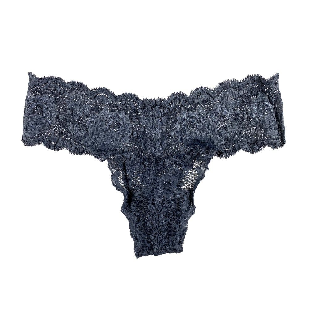 Grey lace thong against white background