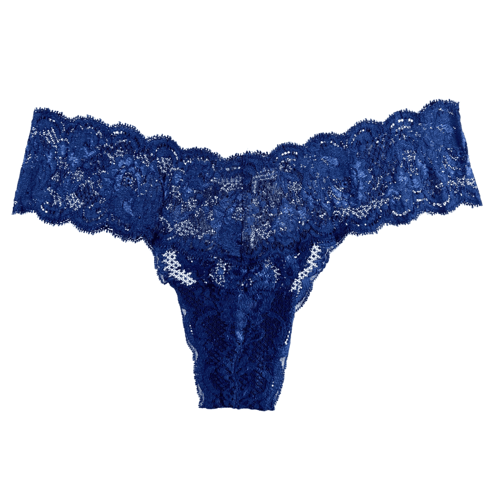 Blue lace thong on a white background