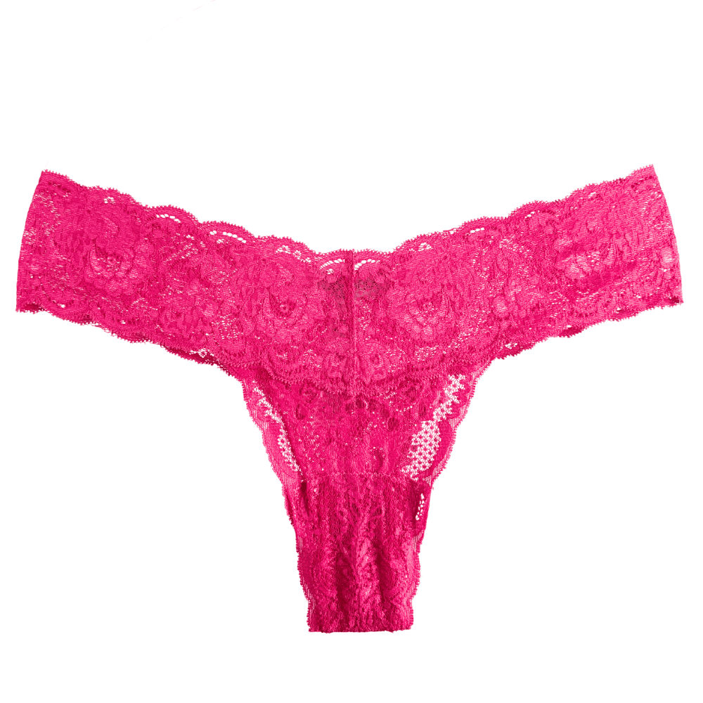 Pink lace thong on a white background