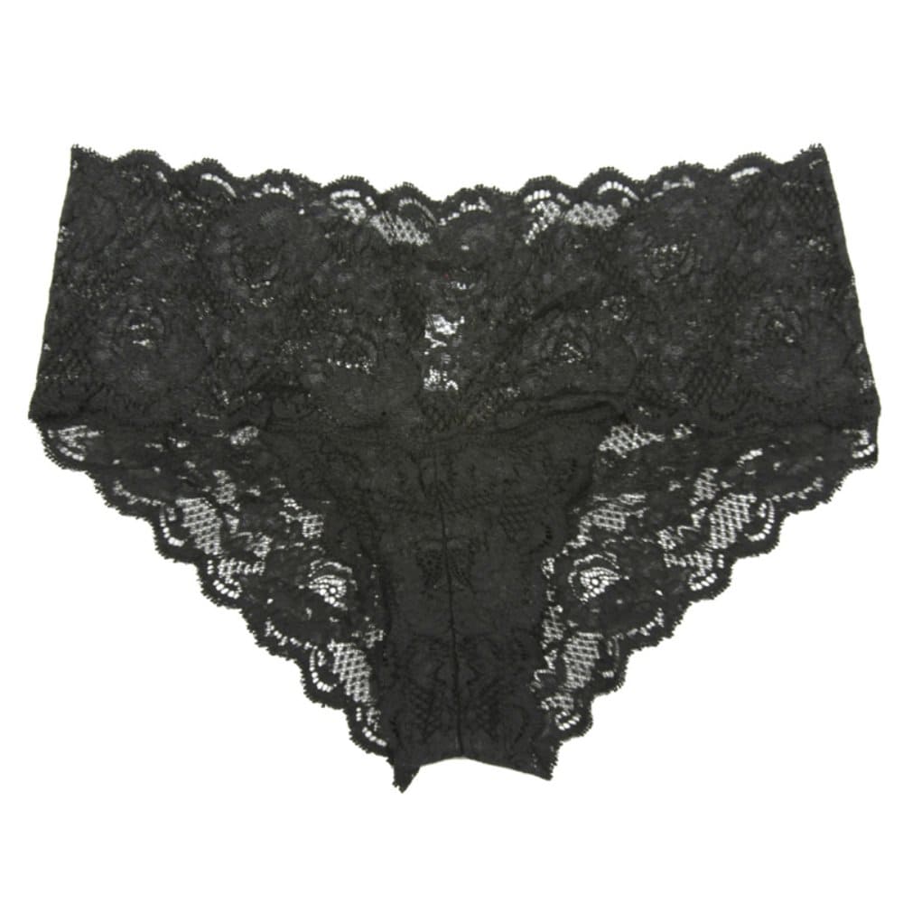 A black, low-rise boyshort with stretch lace design from Cosabella's Never Say Never collection.
