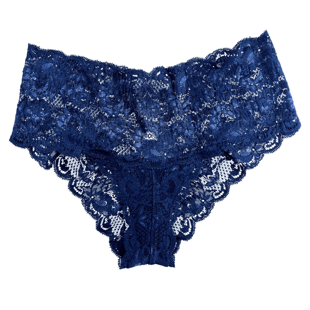 Blue lace underwear against a white background