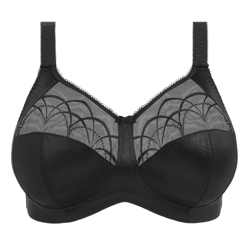 Elomi Cate Side Support Wire Free Bra in black on a white background, close-up.