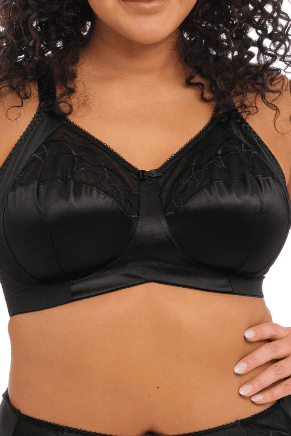 Elomi Cate Side Support Wire Free Bra in black on a model front view, close-up.