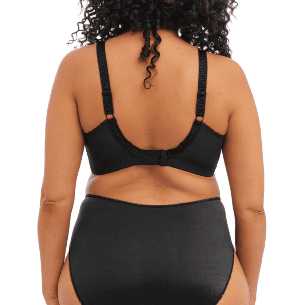 Elomi Cate Side Support Wire Free Bra in black on a model back view, close-up.
