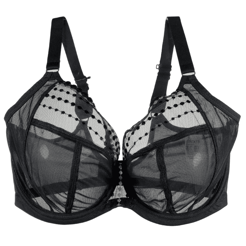 Elomi matilda plunge bra in black, white background, close-up.