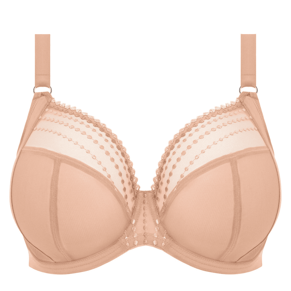 Elomi matilda plunge bra in cafe au lait, white background, close-up.