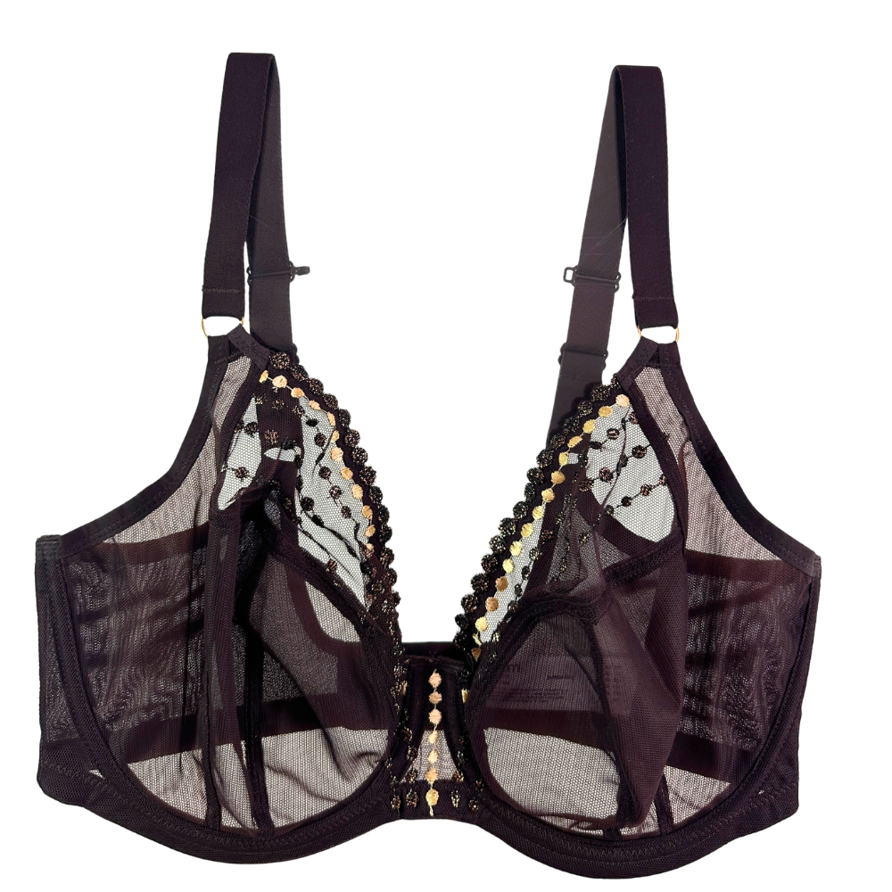 brown mesh bra with gold and black details against a white background.