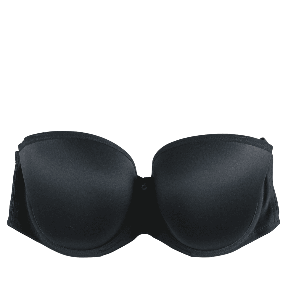 Elomi smooth underwire moulded strapless bra in black, white background, close-up.