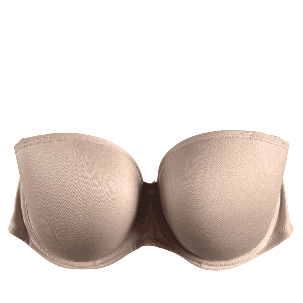 Elomi smooth underwire moulded strapless bra in sahara beige on a white background, close-up.